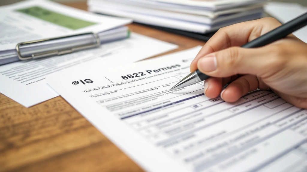 change address on federal tax id - 
Close-up of IRS Form 8822 being filled out with pen on wooden desk, organized p