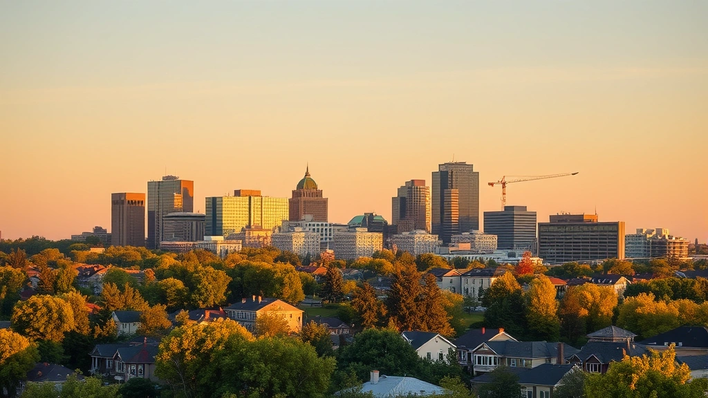 city of madison property tax - 
Modern Madison city skyline with residential neighborhoods and trees, golden ho