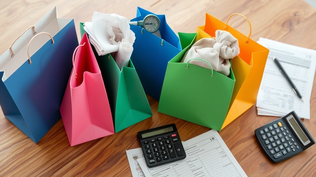 city of miami sales tax -
Shopping bags and receipts arranged on wooden table with calculator and tax for