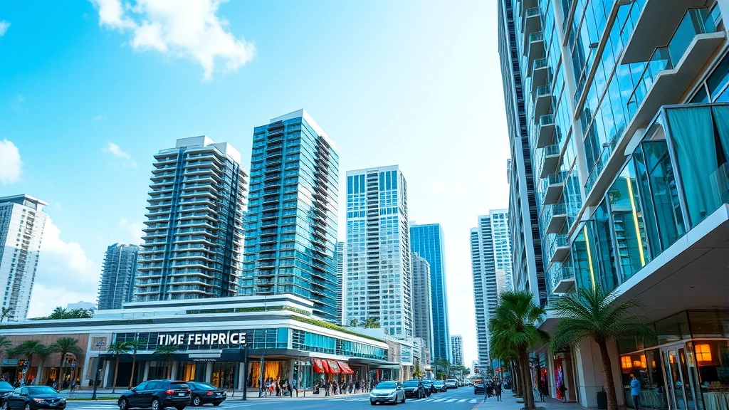 city of miami sales tax -
Modern Miami downtown skyline with retail storefronts and shopping district dur