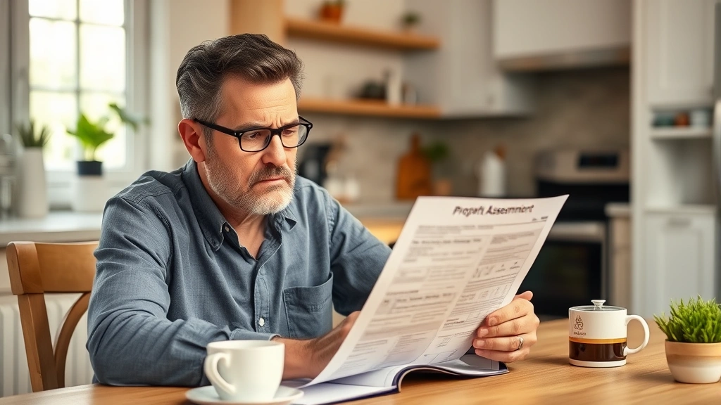 city of montville taxes - 
Homeowner examining property assessment notice with concerned expression, sitti