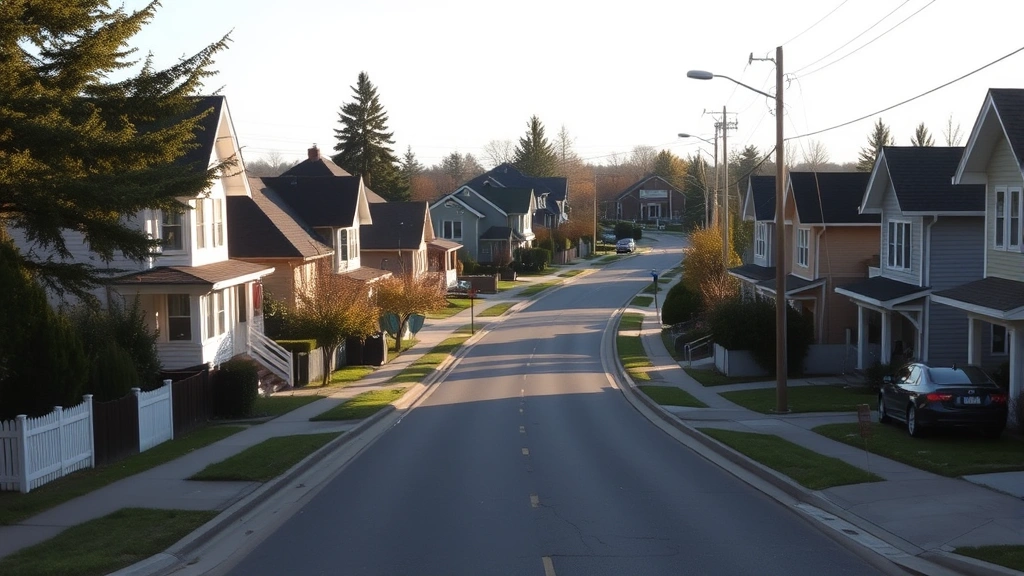 city of montville taxes - 
Residential neighborhood street view with diverse homes, morning sunlight, peac