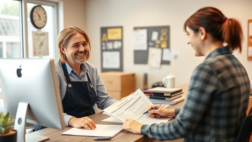 city of torrington tax collector - 
Friendly municipal office worker assisting a homeowner at a counter with tax fo