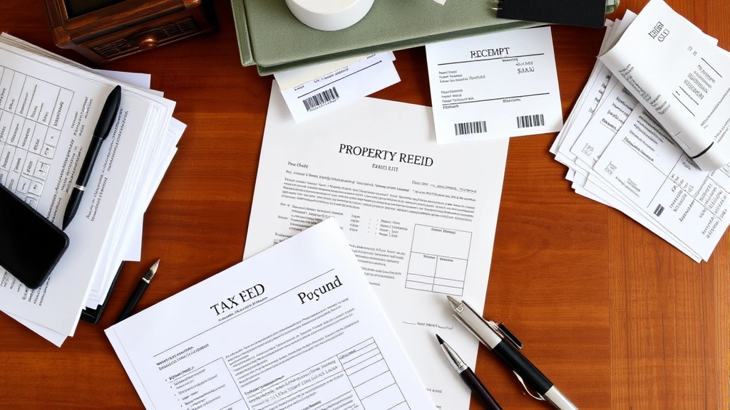 city of torrington tax collector - 
Overhead view of organized tax files, property deed, and payment receipts on a 