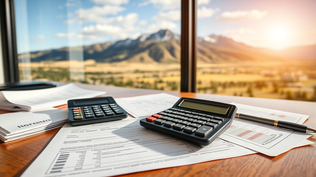 colorado estate tax - 
Calculator and financial documents spread on desk with Colorado mountain landsc