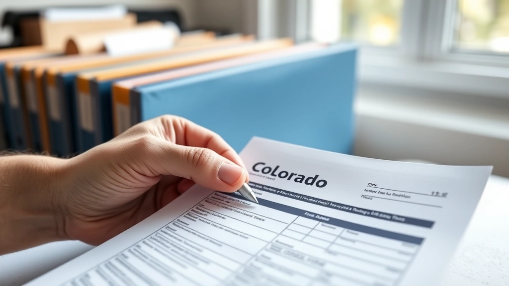 colorado state income tax filing delay - 
Close-up of person holding Colorado state tax form with pen, organized file fol