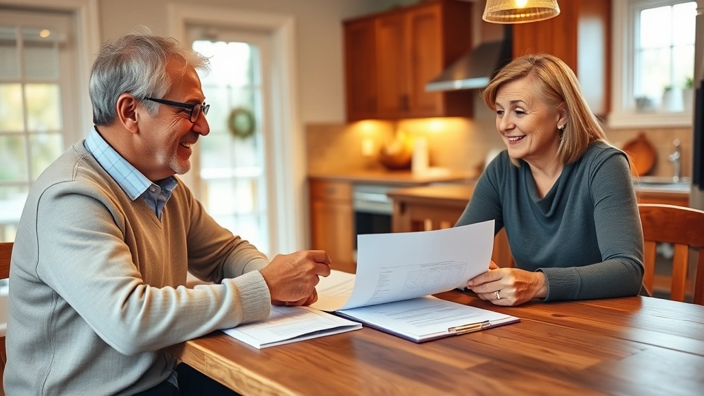 columbia county property tax -
Mature homeowner and financial advisor discussing paperwork at kitchen table, f