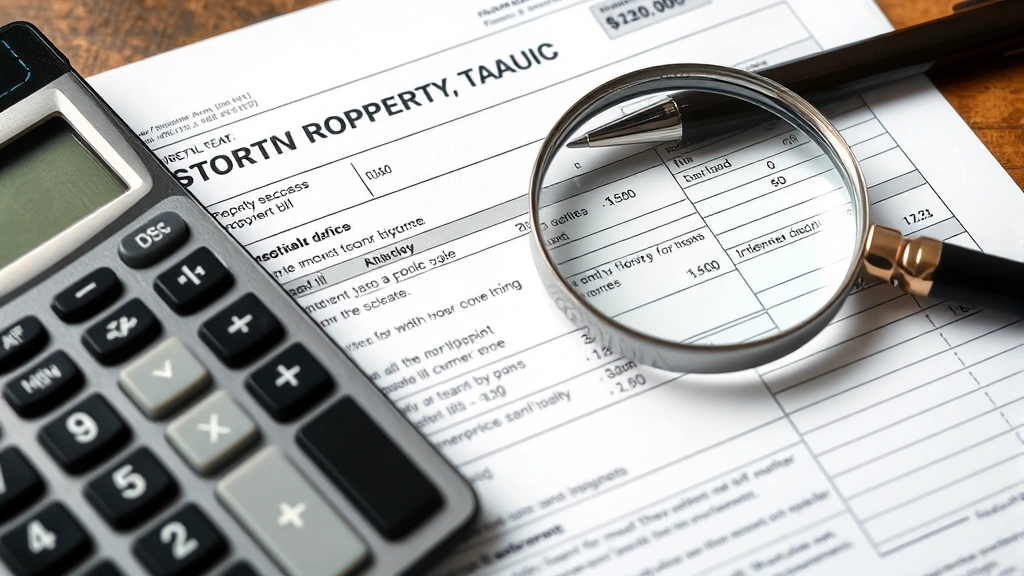 columbia county property tax -
Detailed property tax bill document with calculator, pen, and magnifying glass,