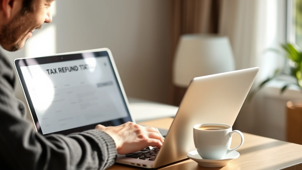 columbus income tax -
Person checking tax refund status on laptop with satisfied expression, cup of c