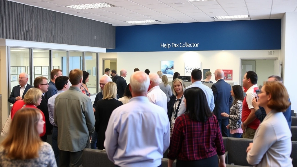 contra contra county tax collector - 
Diverse group of people in a county tax collector’s office waiting area, 