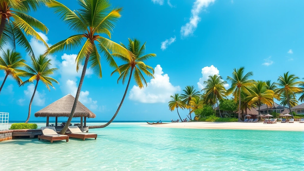 countries with no personal income tax -
Caribbean beach resort setting with palm trees and turquoise water for island d
