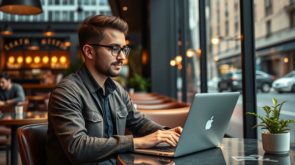 countries with no personal income tax -
Young digital nomad working on laptop at upscale café in modern city