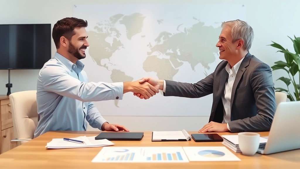 countries with no personal income tax -
Financial advisor and client shaking hands across desk with world map in backgr