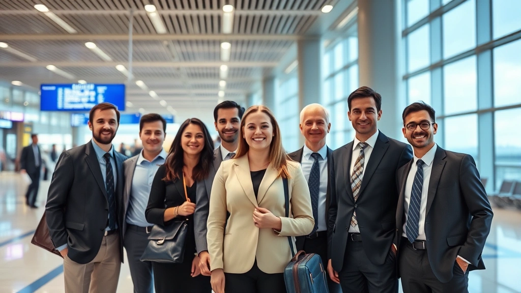 countries without income tax - 
Diverse group of business professionals in modern airport terminal
