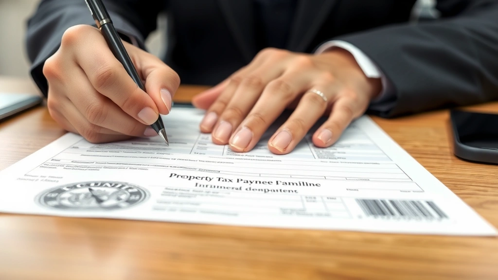 county of riverside tax -
Close-up of hands signing property tax payment form with county seal visible, p