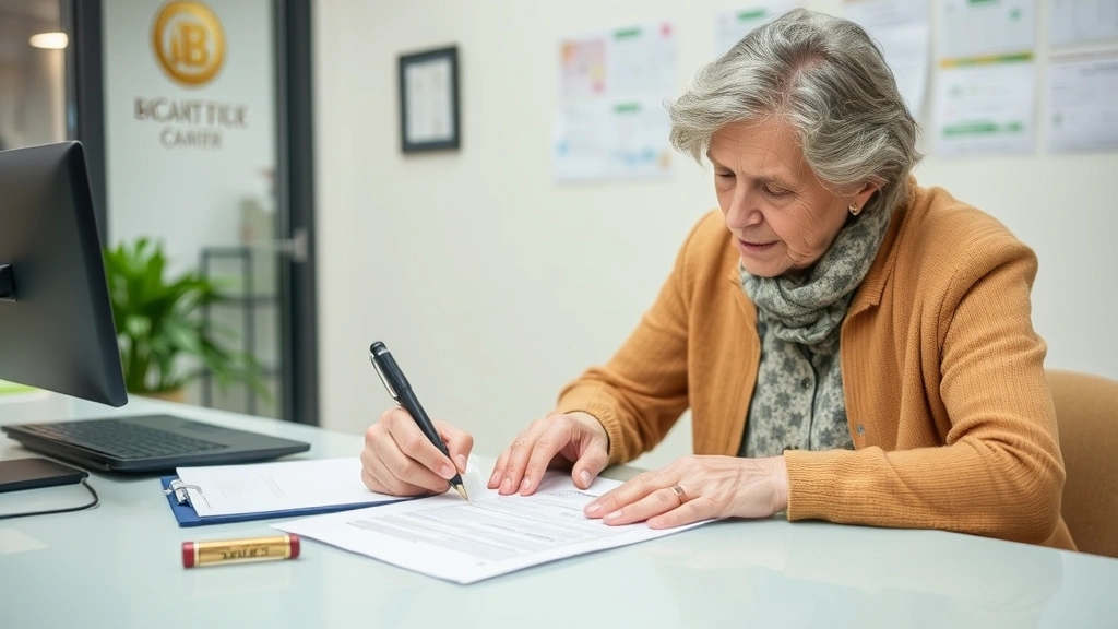 county of san francisco property tax - 
Mature homeowner signing paperwork for property tax exemption claim at governme
