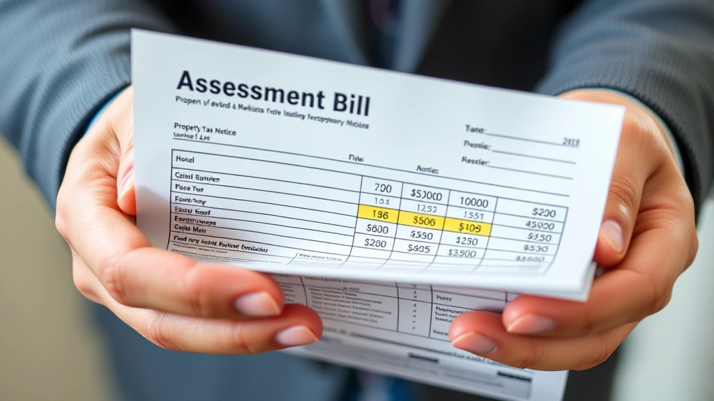 county of san francisco property tax - 
Close-up of hands holding property tax bill and assessment notice with highligh