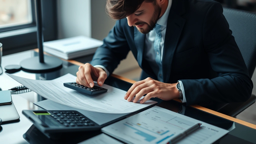 dad tax - 
Professional man reviewing financial documents at desk with calculator, focused
