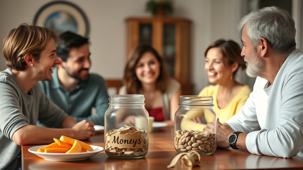 dad tax - 
Family having conversation around dinner table with money/savings jar visible, 