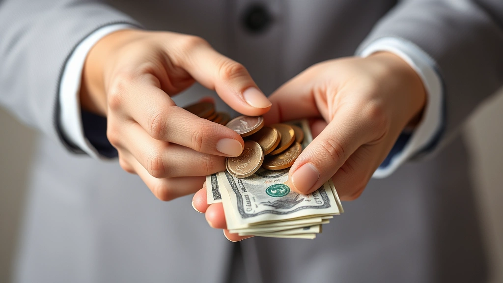 dad tax - 
Close-up of hands exchanging coins or bills, neutral background, professional p