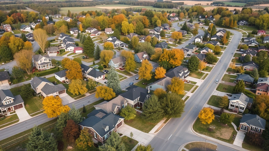 dane county property tax records - 
Aerial view of residential neighborhood with diverse homes and tree-lined stree