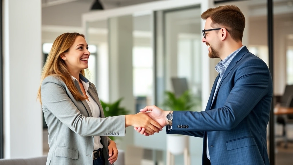 dane county property tax records - 
Man and woman shaking hands after successful real estate transaction, both smil