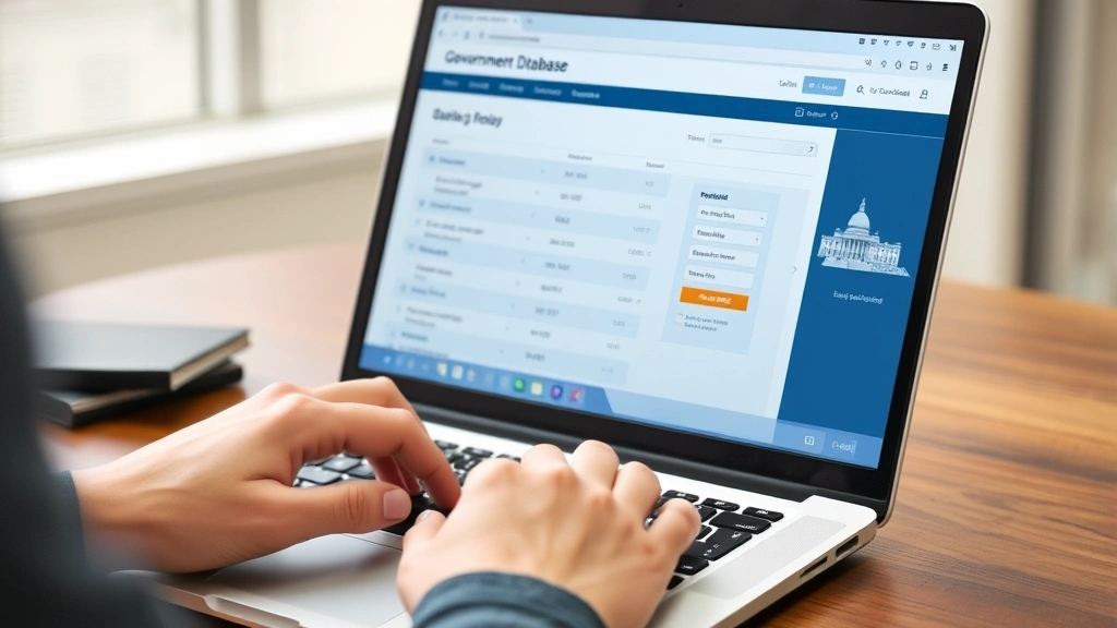 dane county tax records - 
Person using laptop to access online government database portal, hands on keybo
