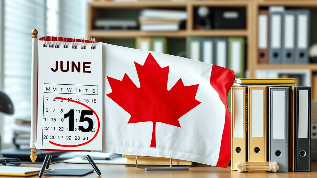 deadline to file tax in canada - 
Canadian flag with calendar showing June 15 date circled in red, office setting