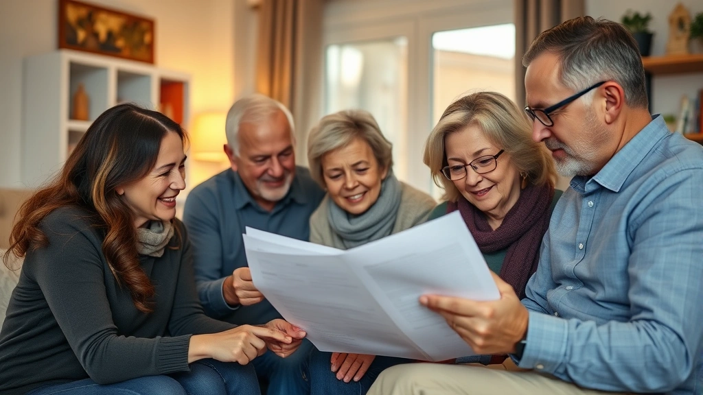 death & taxes provisions and spirits - 
Multi-generational family gathering at home, reviewing documents together, inhe