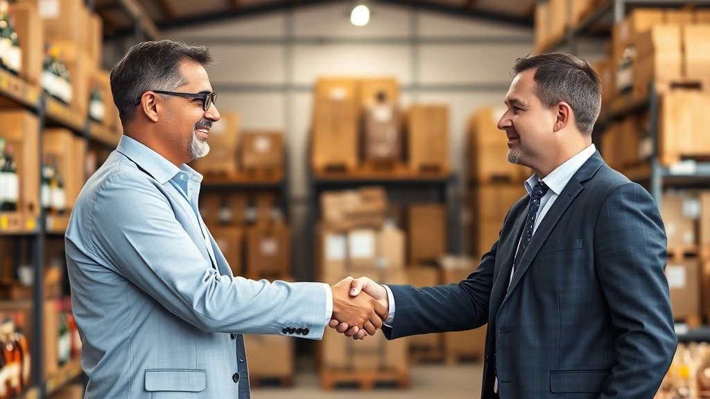 death & taxes provisions and spirits - 
Handshake between business partners in spirits industry, warehouse with bottles