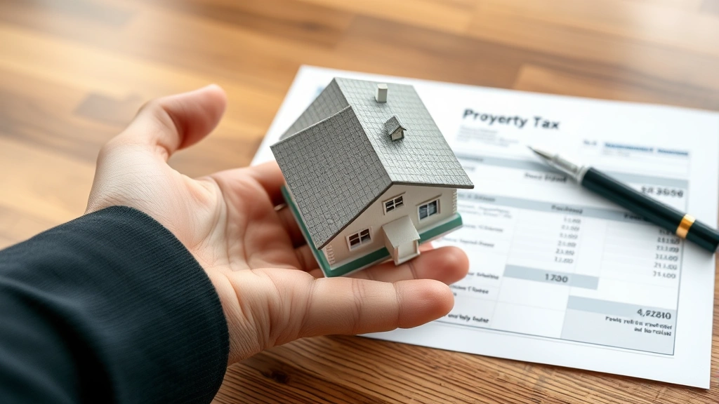 define ad valorem taxes - 
Close-up of hand holding house model with property tax statement and pen on woo