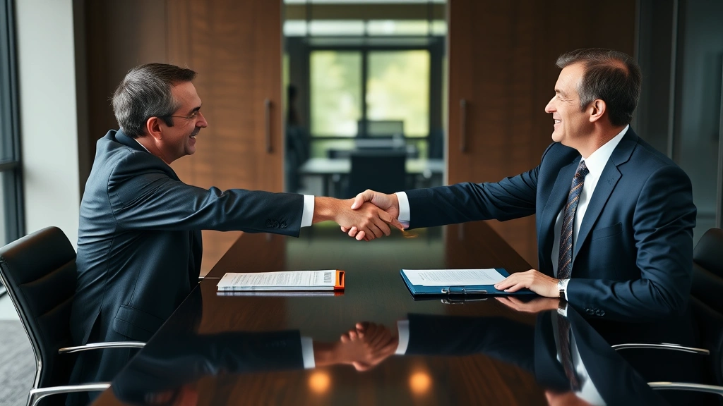 democrats republicans tax bill bipartisan negotiation - 
Two business professionals in suits shaking hands across a conference table wit