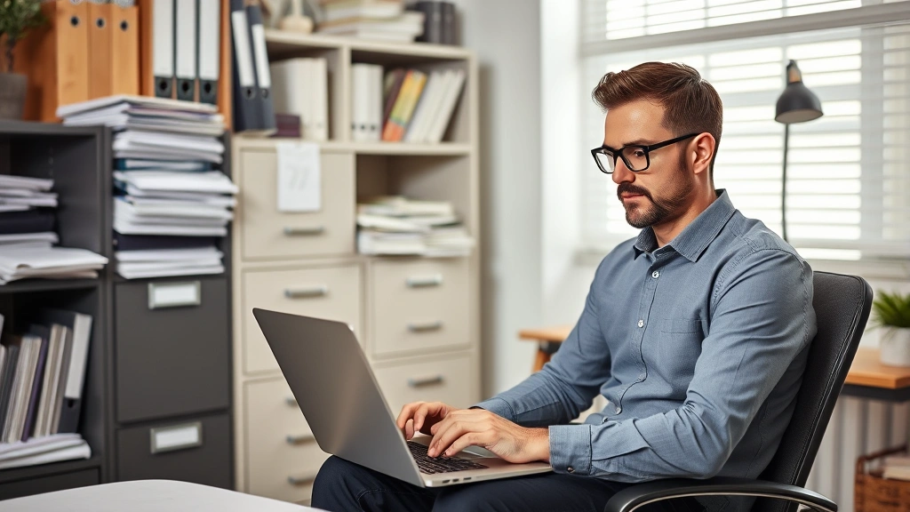 detroit city taxes - 
Male business owner working on laptop in home office with filing cabinet, docum