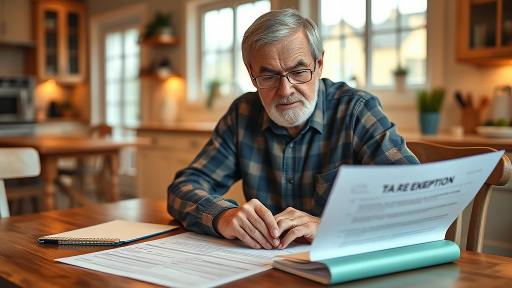 dillon county taxes - 
Senior homeowner reviewing tax exemption paperwork at home, sitting at kitchen 
