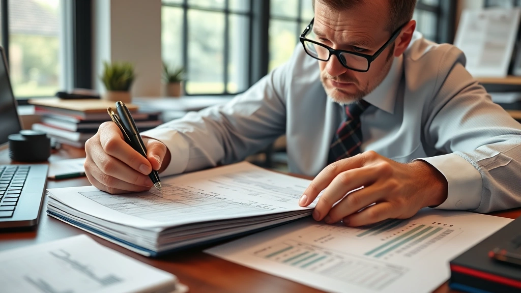 do churches pay taxes on property -
Church financial administrator reviewing ledgers and income statements at offic