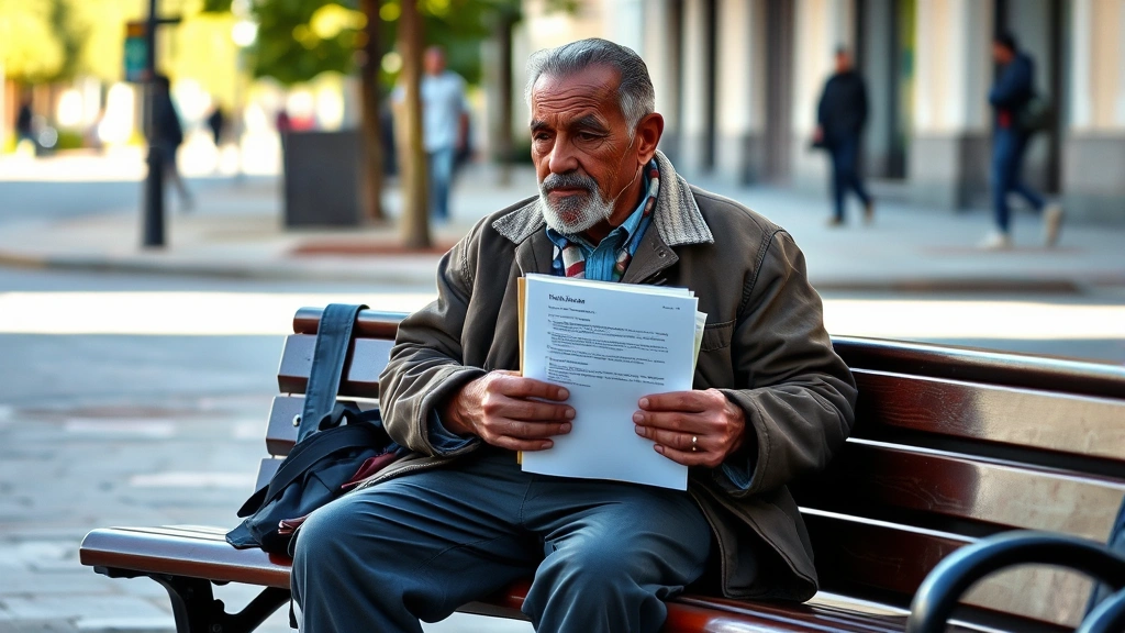 do homeless people pay taxes -
Homeless person sitting on a bench holding a folder of documents, daylight, rea