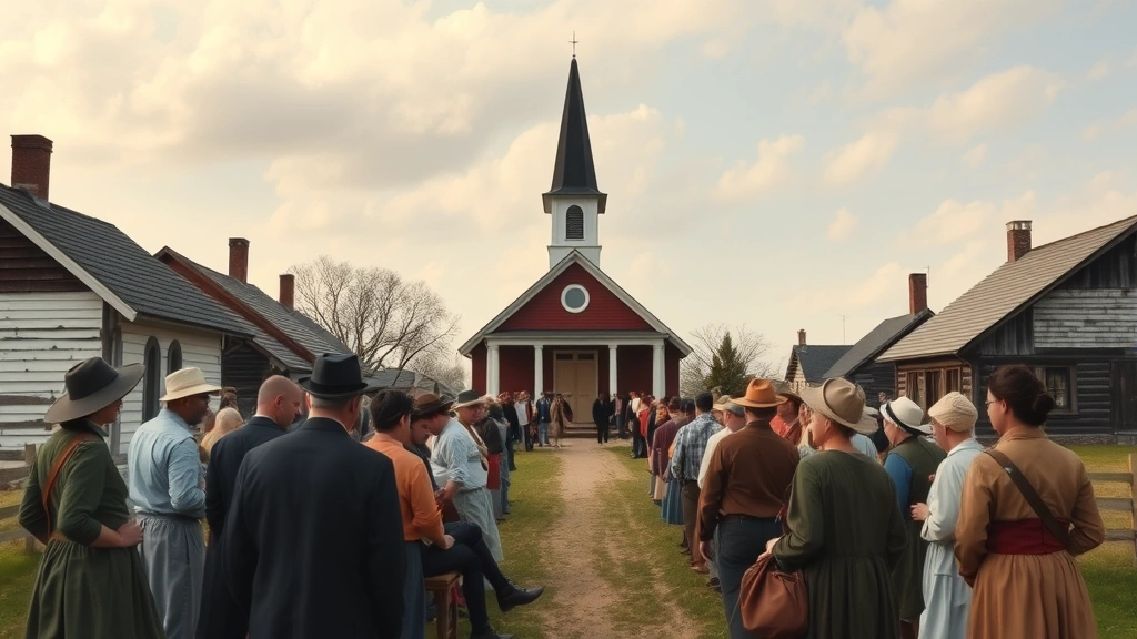 do the amish pay taxes and vote - 
Amish community gathering or church meeting scene with traditional buildings an