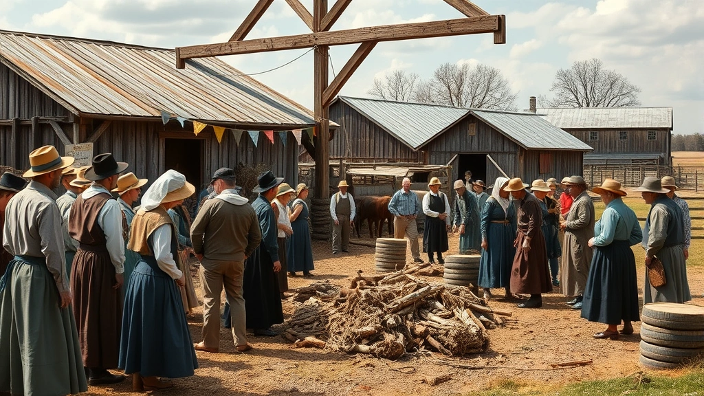 do the amish people pay taxes - 
Realistic photograph of an Amish community gathering or barn raising, symbolizi