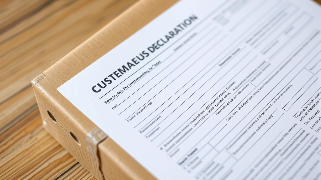 does aliexpress tell you how much tax - 
Close-up of customs declaration form with package and international shipping la