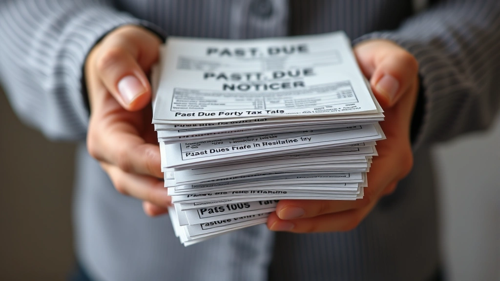 does new york state charge interest on back property taxes - 
Close-up of hands holding multiple past-due property tax notices and bills stac