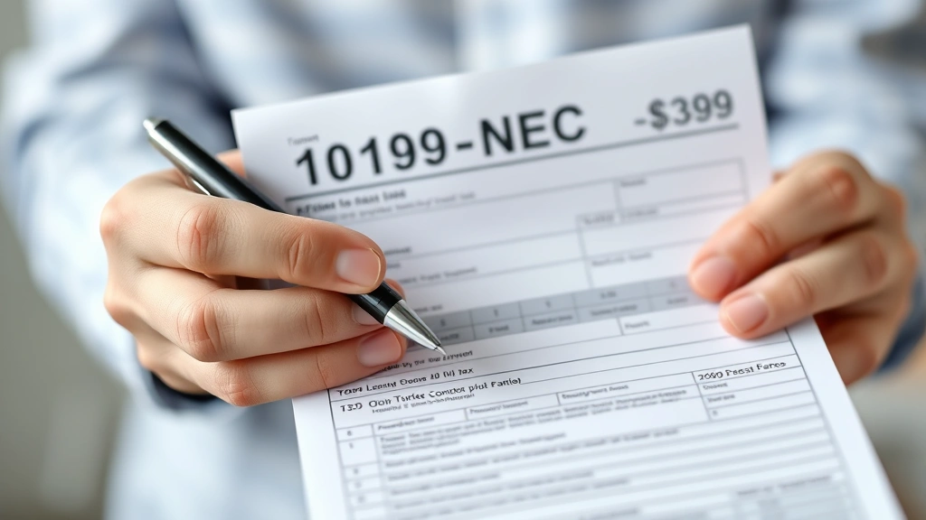 doordash tax forms - 
Close-up of hands holding a 1099-NEC tax form with a pen, neutral background
