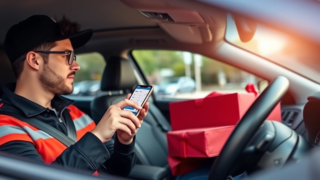 doordash tax forms - 
Delivery driver sitting in car reviewing mileage tracking app on smartphone, pr