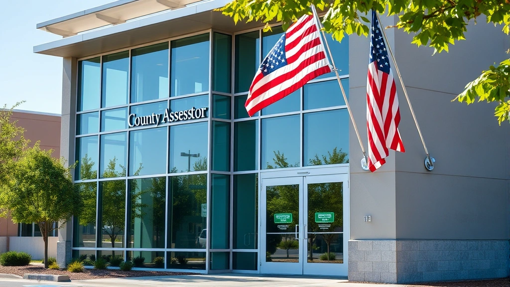 dorchester county property tax - 
Modern county assessor office building exterior with American flag, professiona