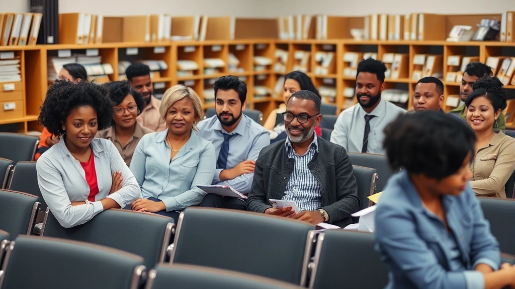 doris maloy tax collector - 
Diverse group in tax collector office waiting area with organized filing system