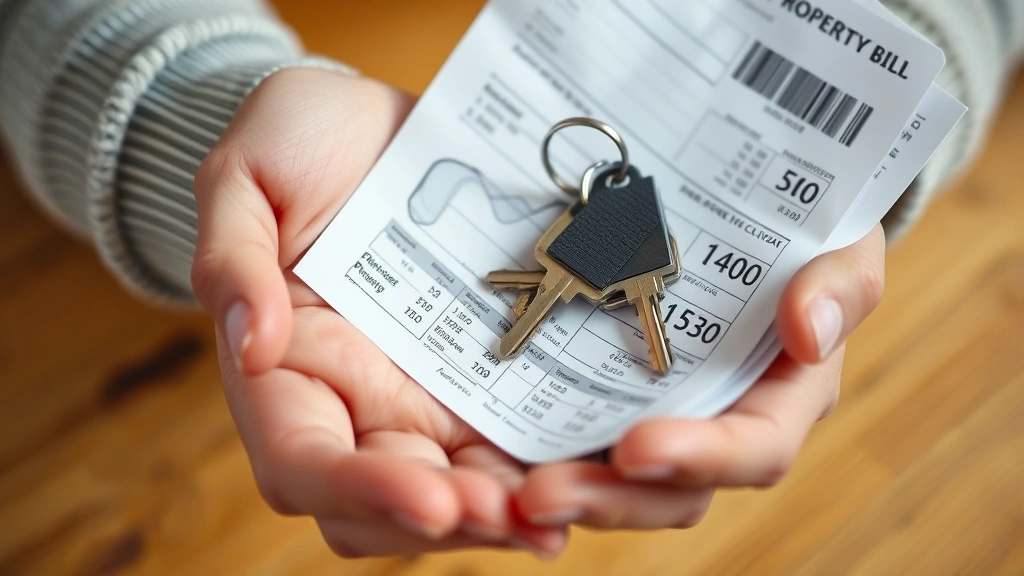 douglas county property taxes - 
Close-up of hands holding property tax bill and house keys, warm neutral backgr