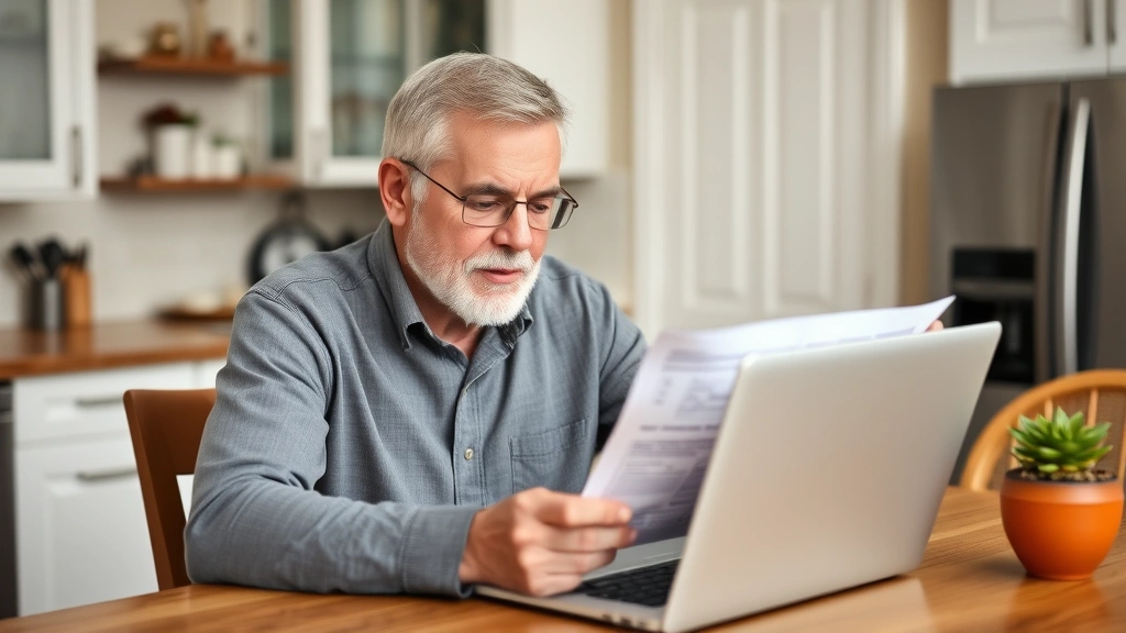 douglas county property taxes - 
Senior man reviewing home assessment paperwork at kitchen table with laptop, co