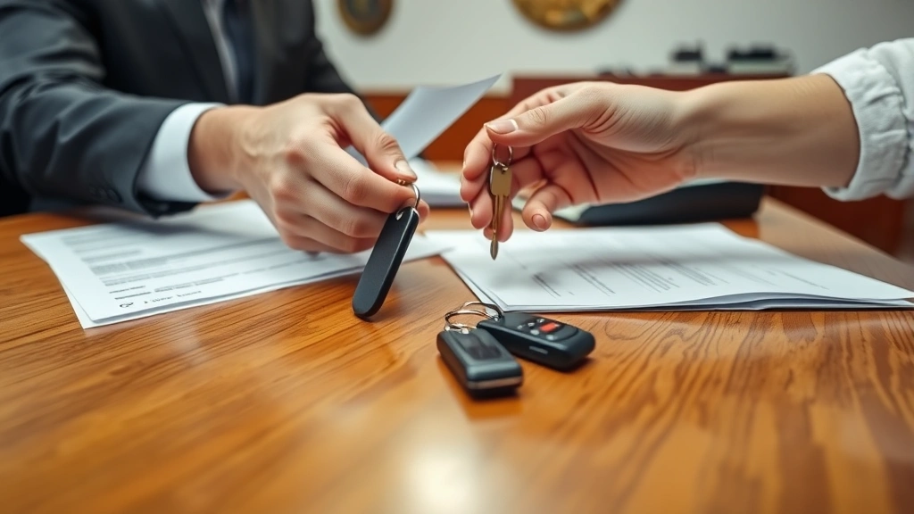 duval county tax collector soutel branch - 
Close-up of hands exchanging vehicle registration documents and keys across a w