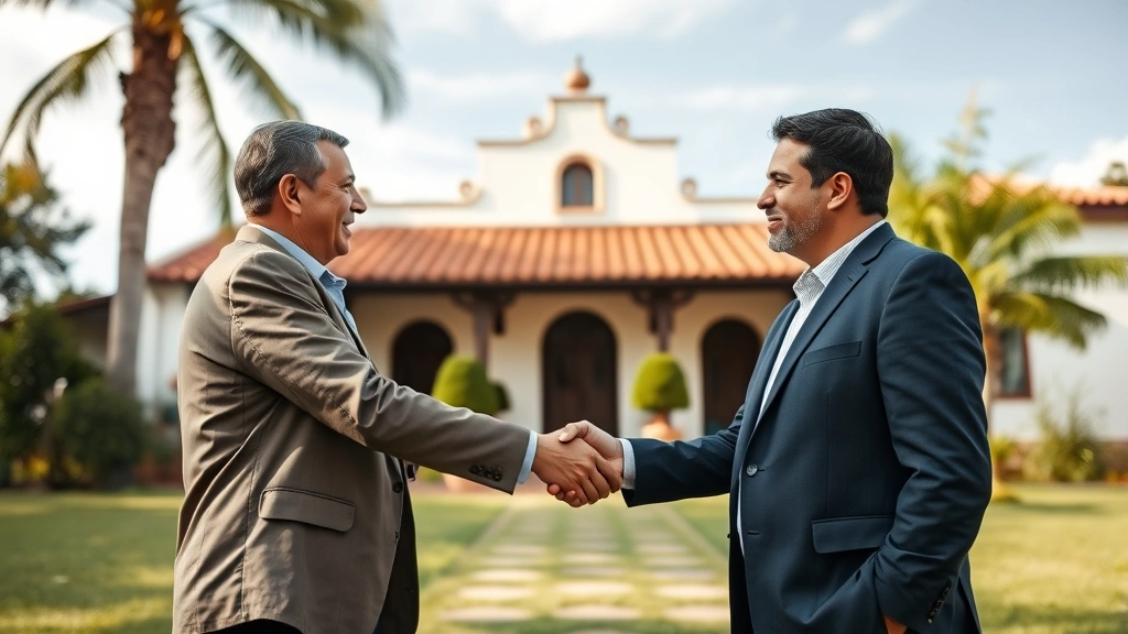 el salvador property tax annual -
Handshake between real estate agent and client in front of colonial-style El Sa