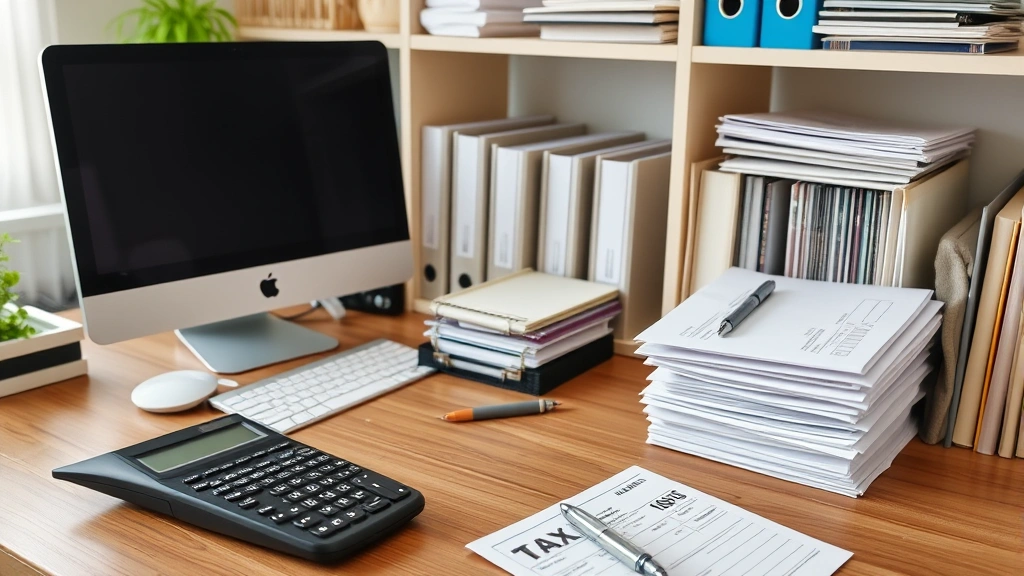 ellison income tax athens ga - 
Home office setup with computer, calculator, organized filing system, and tax p