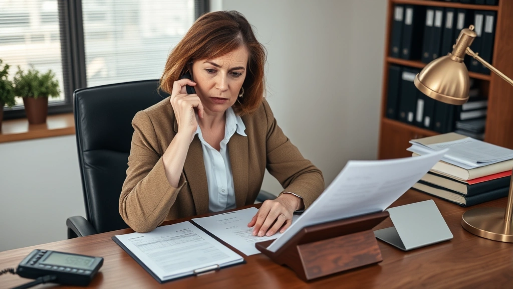estate tax id - 
Mature woman sitting at a desk with a calculator, legal documents, and a phone,